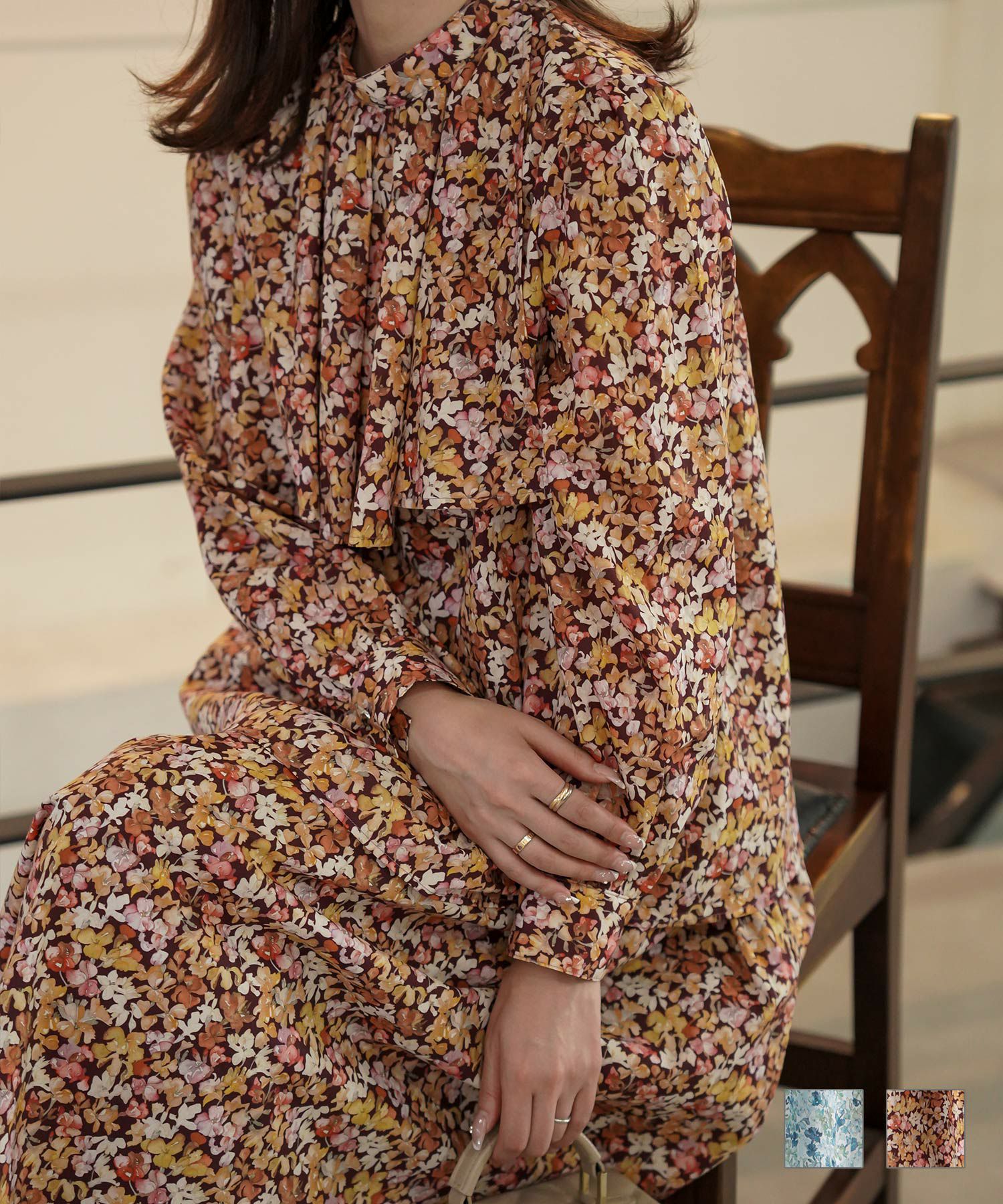 ケープデザイン ブラウス Made with Liberty Fabric HUIT ブルー/ブラウン