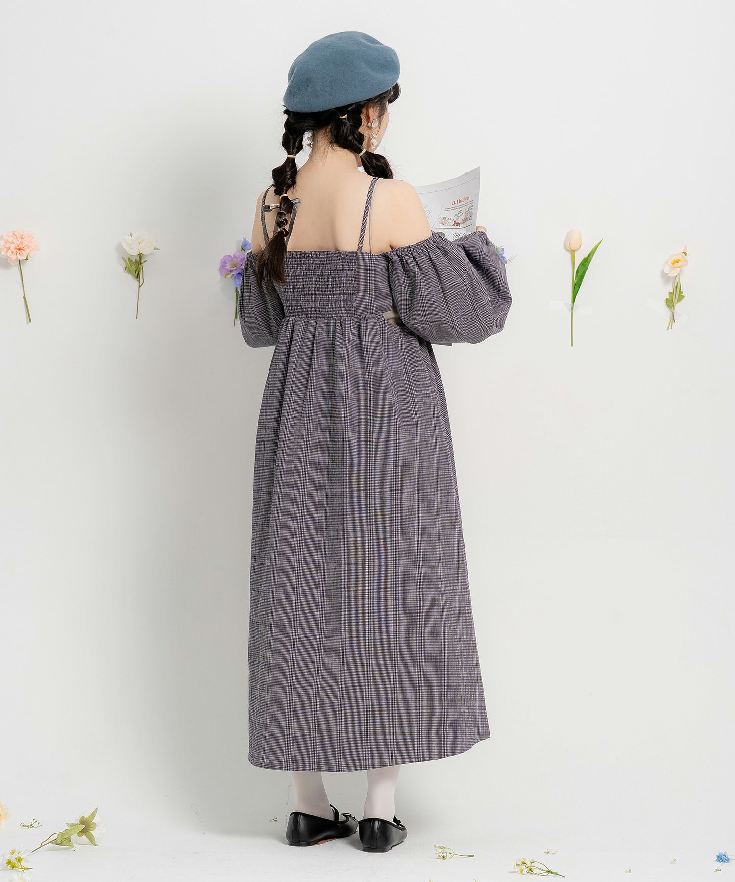 2WAY スクエアネック 秋冬 Aライン ボリュームスリーブ/ラベンダー/キャメル/M