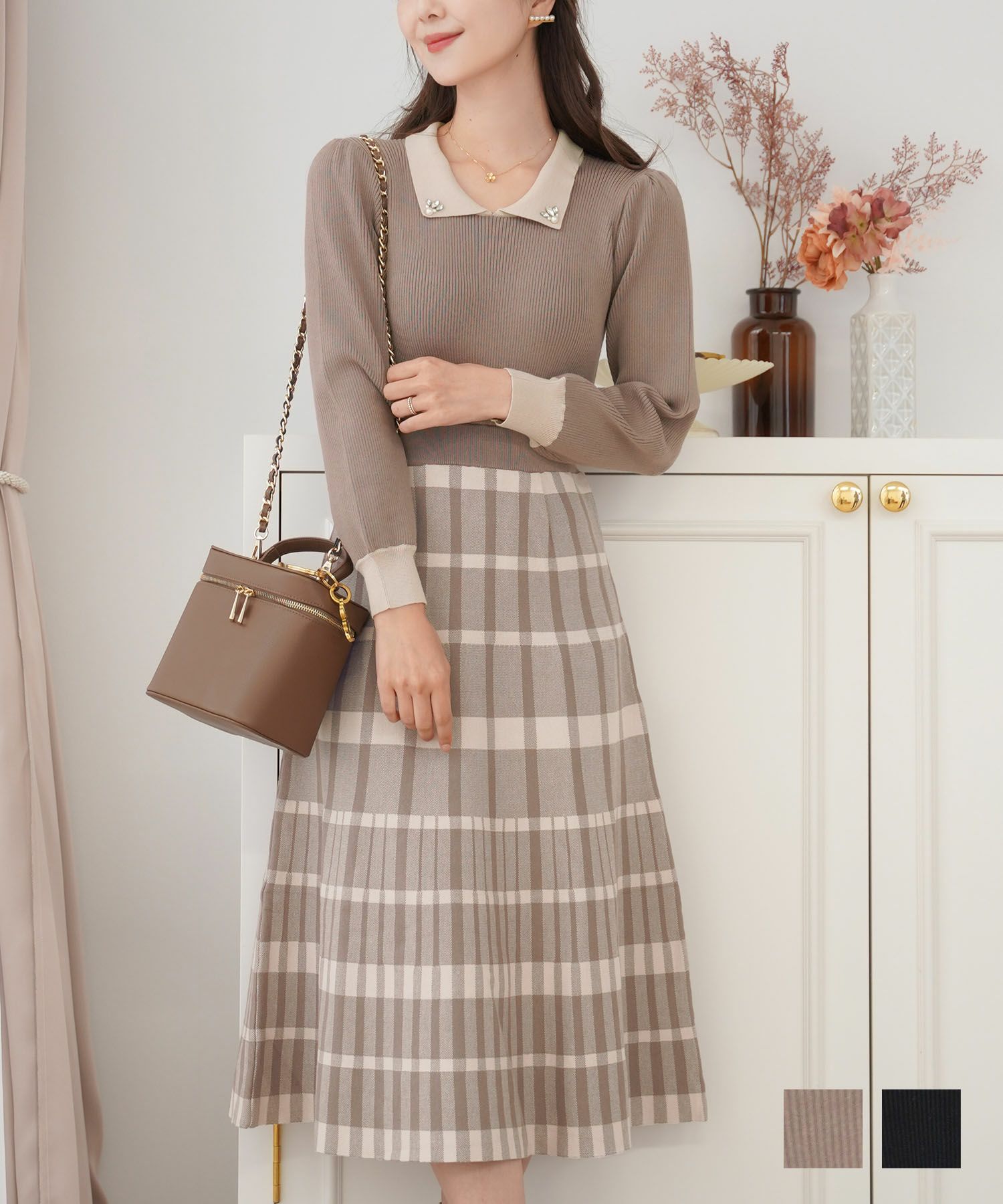 ジャカードチェック襟付きニットワンピースlerevevanillerモカ/ブラック