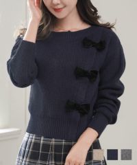 ベロアリボンニットトップスlerevevanillerモカ/ネイビー/チャコール