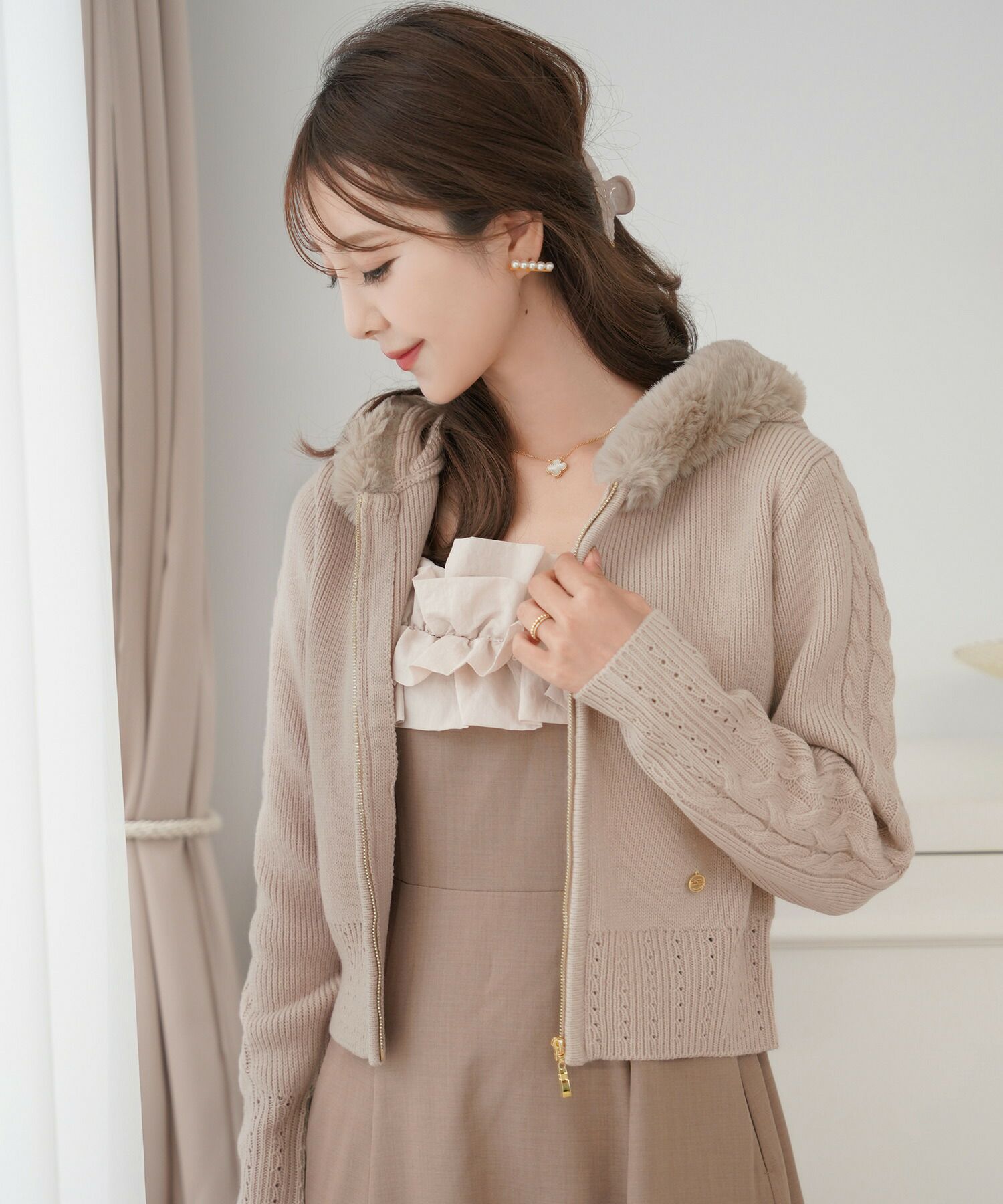 Autumn-SALE フードファー ニットパーカー le reve vaniller 全3色 