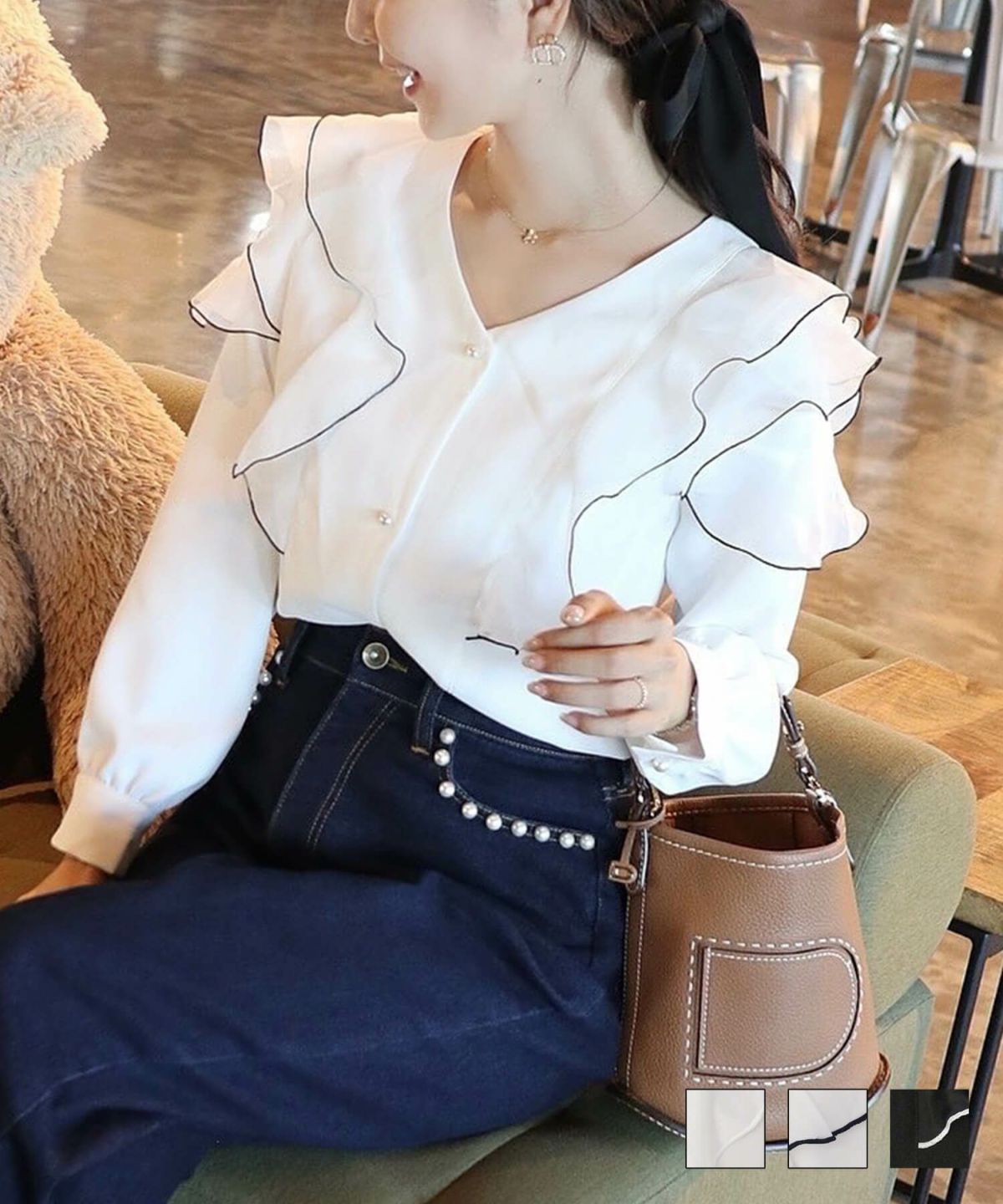 フリル メロー ブラウス le reve vaniller ホワイト/ホワイト×ブラック/ブラック×ホワイト