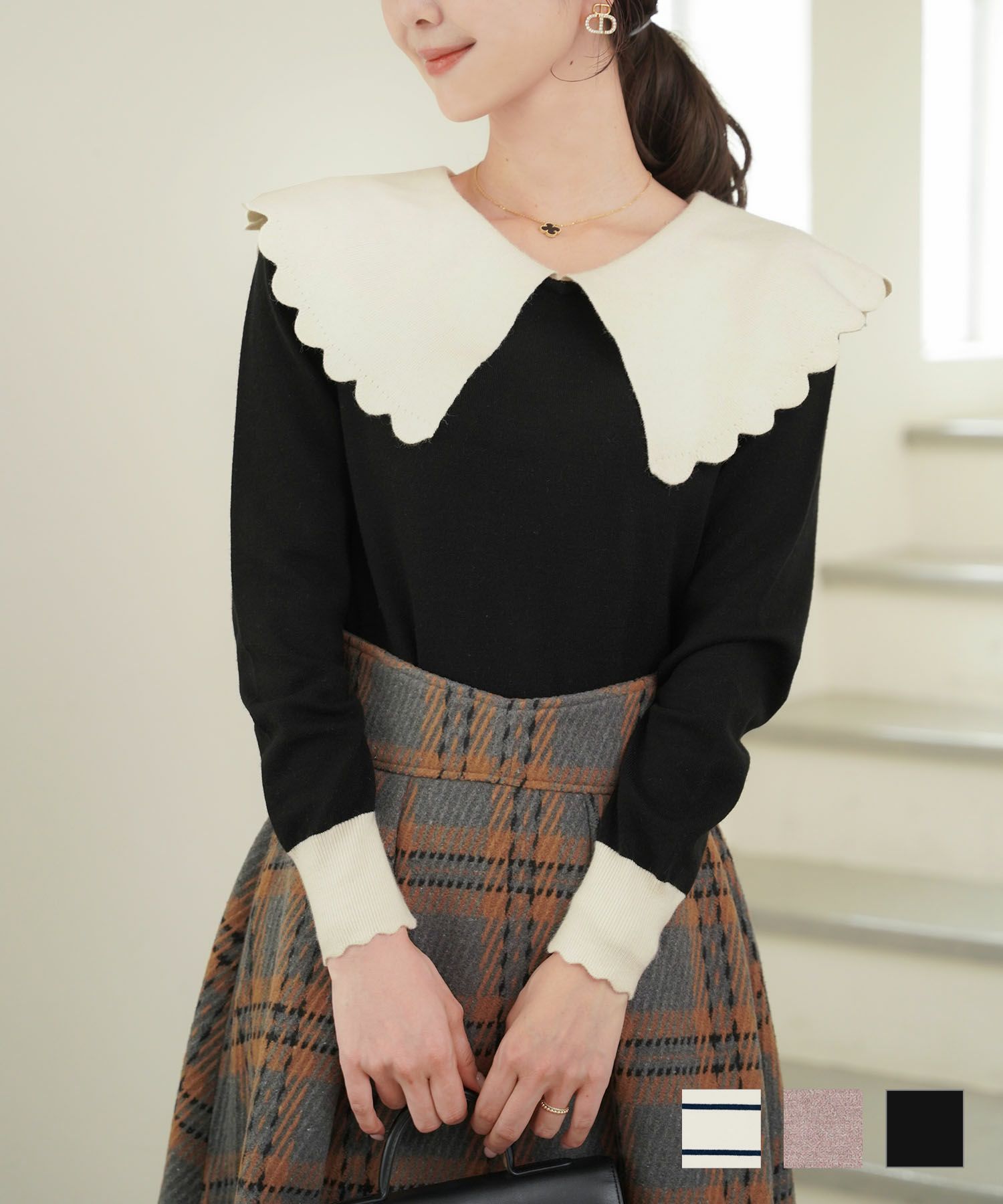 スカラップフラットカラーニットlerevevanillerネイビーボーダー/モカ/ブラック