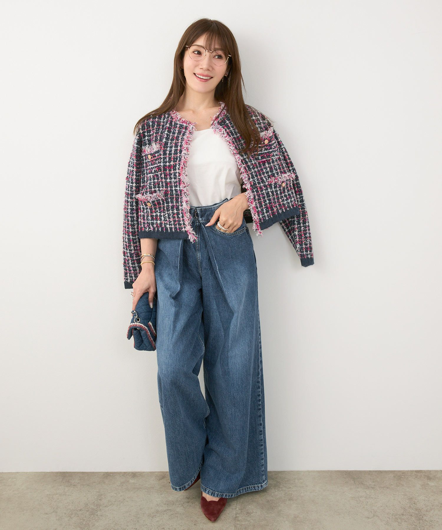 ツイードMIX フリンジ ニット カーディガン