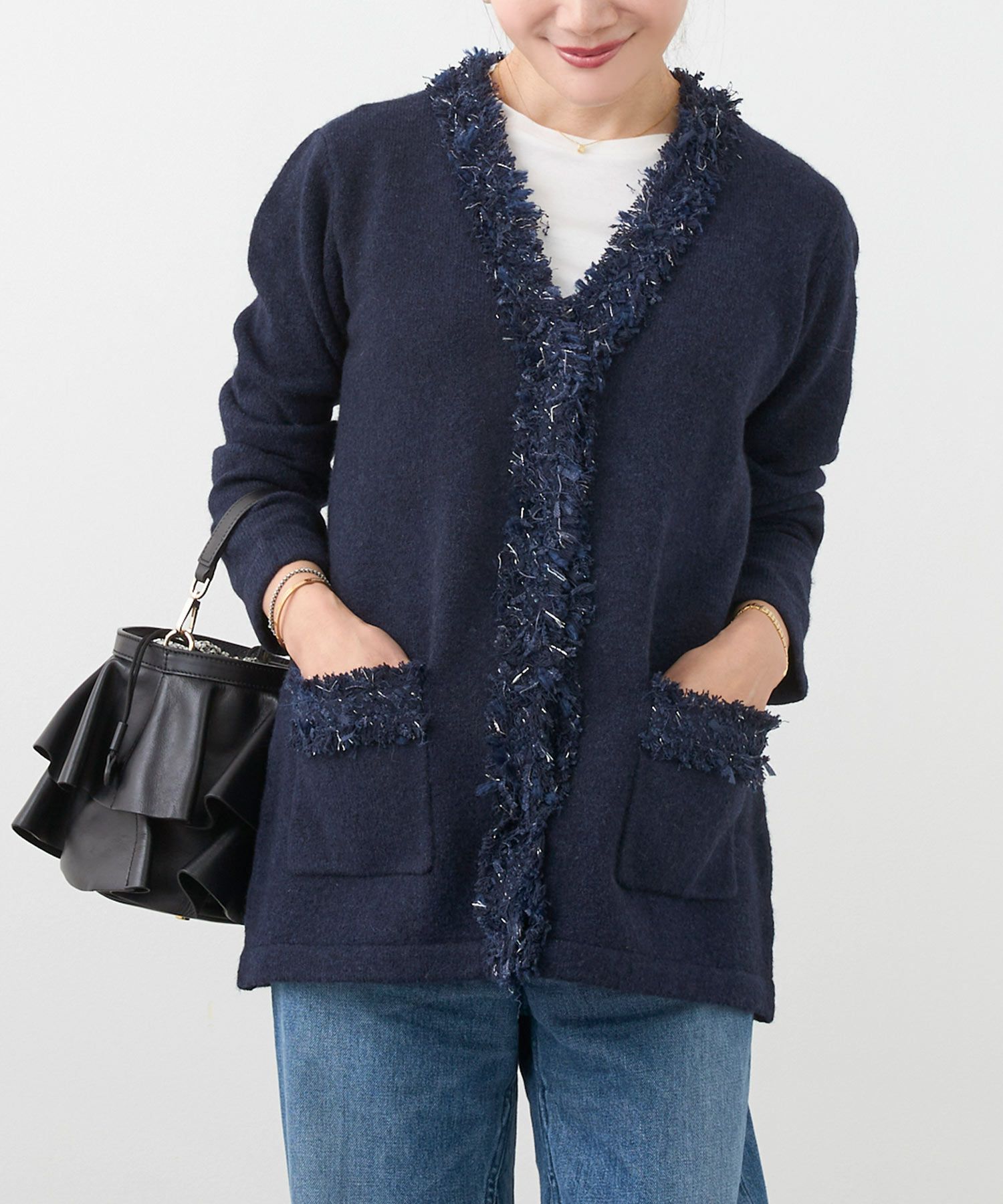 FINAL-SALE ふちフリンジツイード Vネック ニット カーディガン Liala  