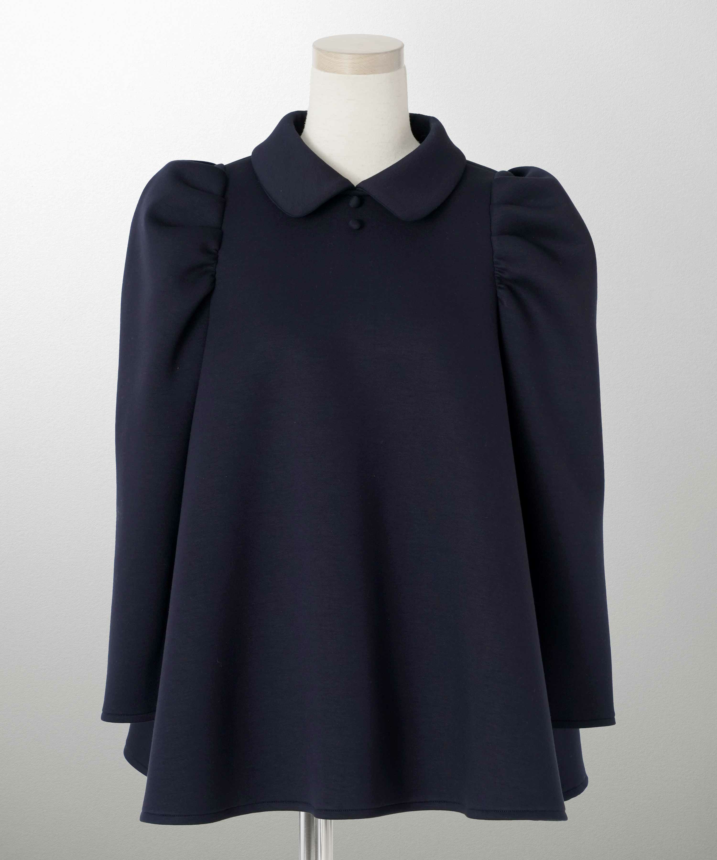 ストレスフリーポロシャツタックギャザーパフスリーブAライン/ネイビー/アイボリー/ブラック/M