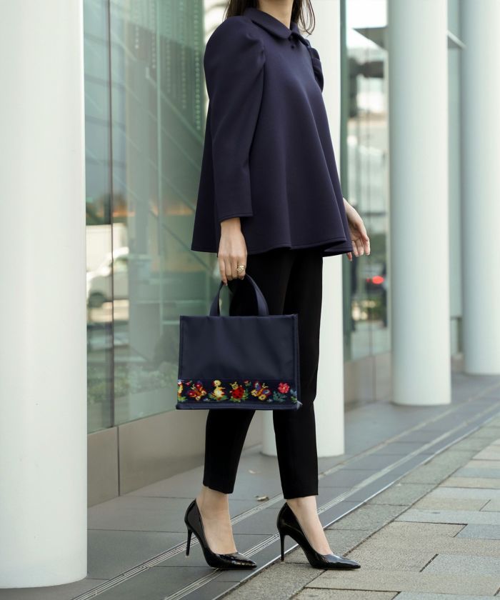 ストレスフリーポロシャツタックギャザーパフスリーブAライン/ネイビー/アイボリー/ブラック/M