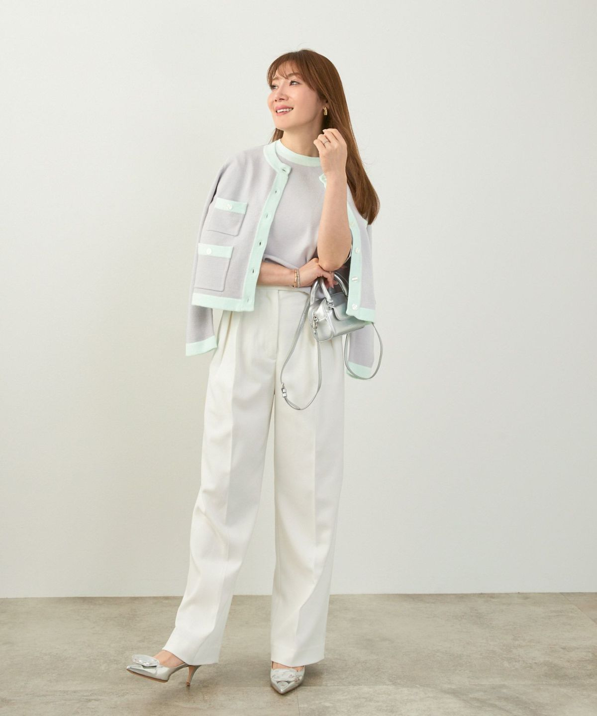 新色追加手洗い可ニットトップスカーディガンインナーレディースファッション2点セットかわいい配色オフィス長袖ジョイントスペース