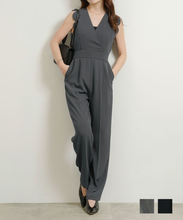 手洗い可 サロペットパンツ レディース きれいめ おしゃれ 黒 春秋冬 ウエスト絞り ゴム 大人 オフィス かわいい ジョイントスペース