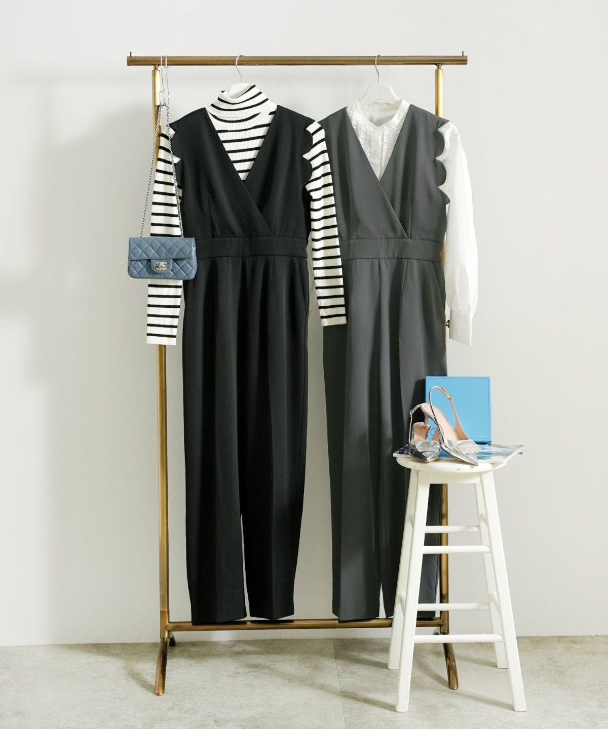 手洗い可 サロペットパンツ レディース きれいめ おしゃれ 黒 春秋冬 ウエスト絞り ゴム 大人 オフィス かわいい ジョイントスペース