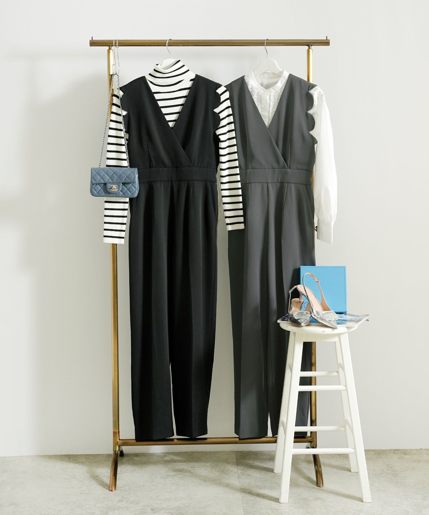 手洗い可 サロペットパンツ レディース きれいめ おしゃれ 黒 春秋冬 ウエスト絞り ゴム 大人 オフィス かわいい ジョイントスペース