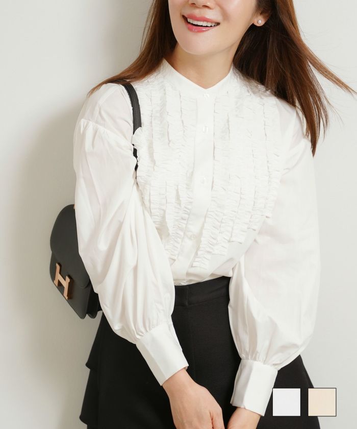 手洗い可 レディース トップス ブラウス フリル 大人 オフィス かわいい きれいめ シャツ 白 ドロップスリーブ ジョイントスペース