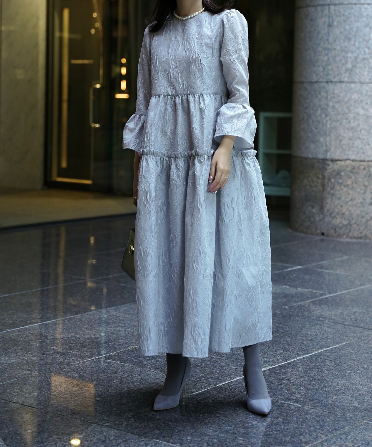 ベルスリーブ ジャガード ボリューム ワンピース HUIT 全3色｜hit341  