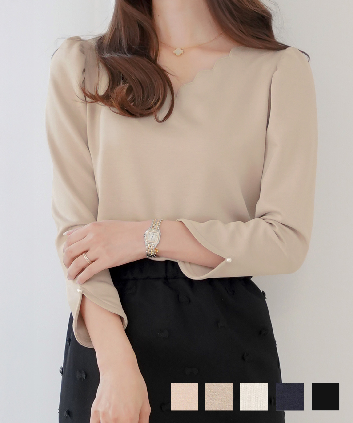 スカラップTシャツ8分袖lerevevanillerピーチピンク/ピンクベージュ/アイボリー/ネイビー/ブラック