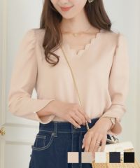 スカラップTシャツ8分袖lerevevanillerピーチピンク/ピンクベージュ/アイボリー/ネイビー/ブラック