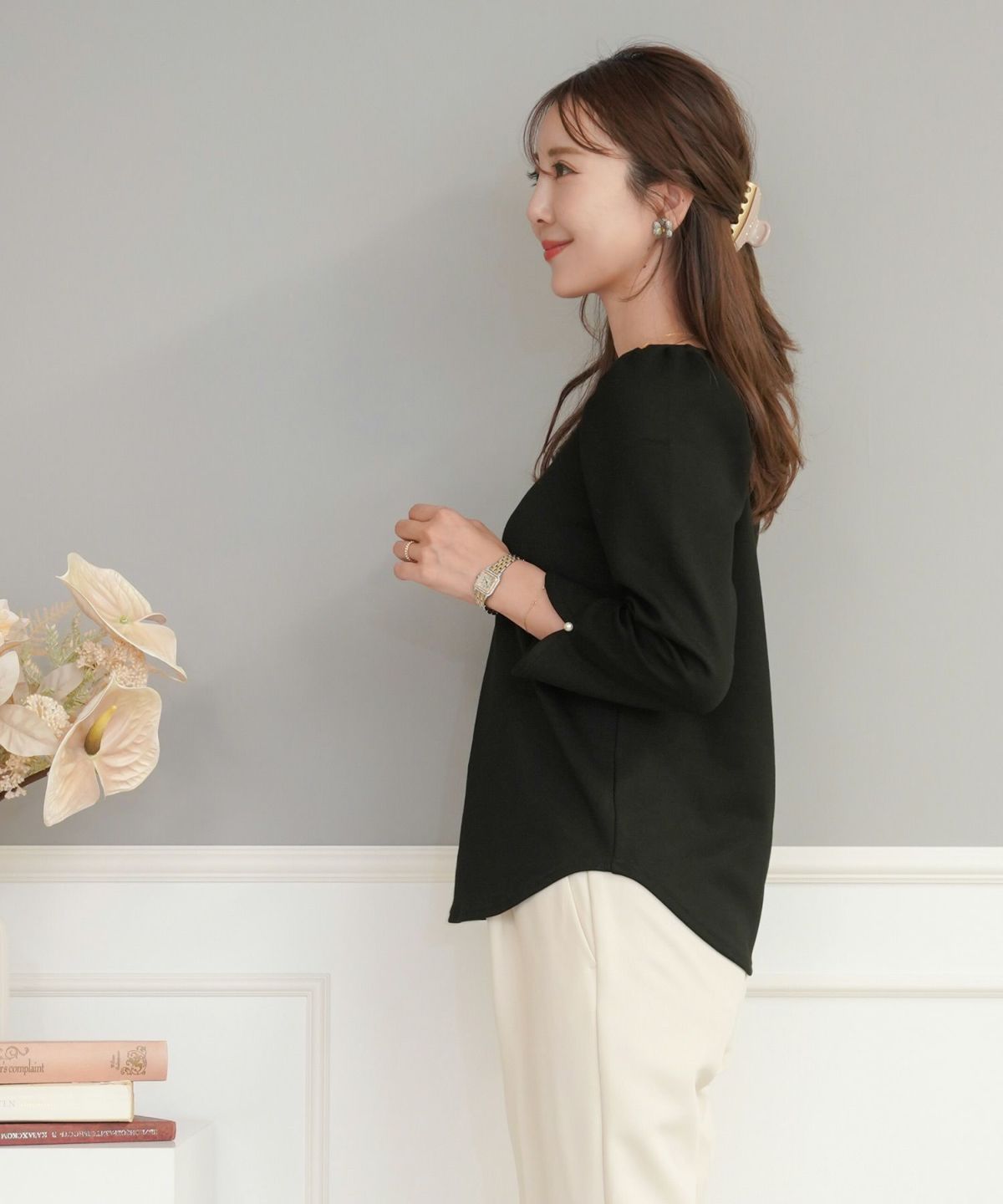 レディース/カットソー/トップス/Tシャツ/もっちり/8分袖/長袖/スカラップ/ギャザー/スリット/アイボリー/ブラック/ネイビー/カジュアル/エレガント/上品/オフィスカジュアル/オフィススタイル/新色/ピンク/くすみピンク/ピーチピンク/ピンクベージュ