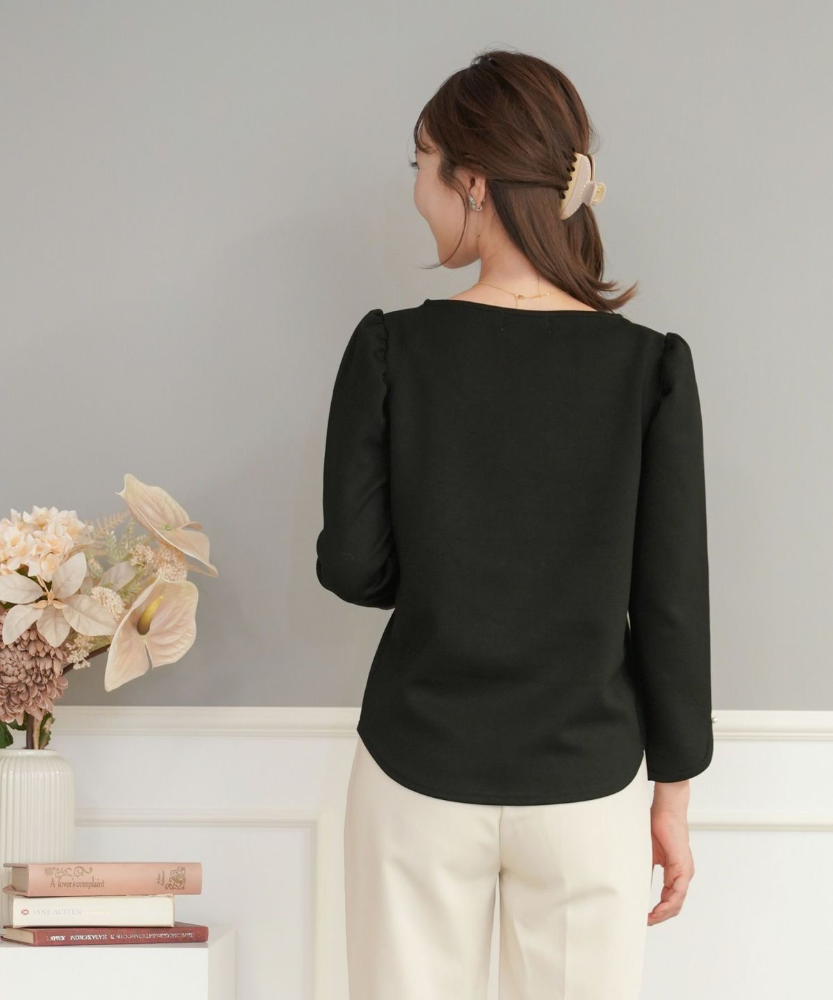 レディース/カットソー/トップス/Tシャツ/もっちり/8分袖/長袖/スカラップ/ギャザー/スリット/アイボリー/ブラック/ネイビー/カジュアル/エレガント/上品/オフィスカジュアル/オフィススタイル/新色/ピンク/くすみピンク/ピーチピンク/ピンクベージュ