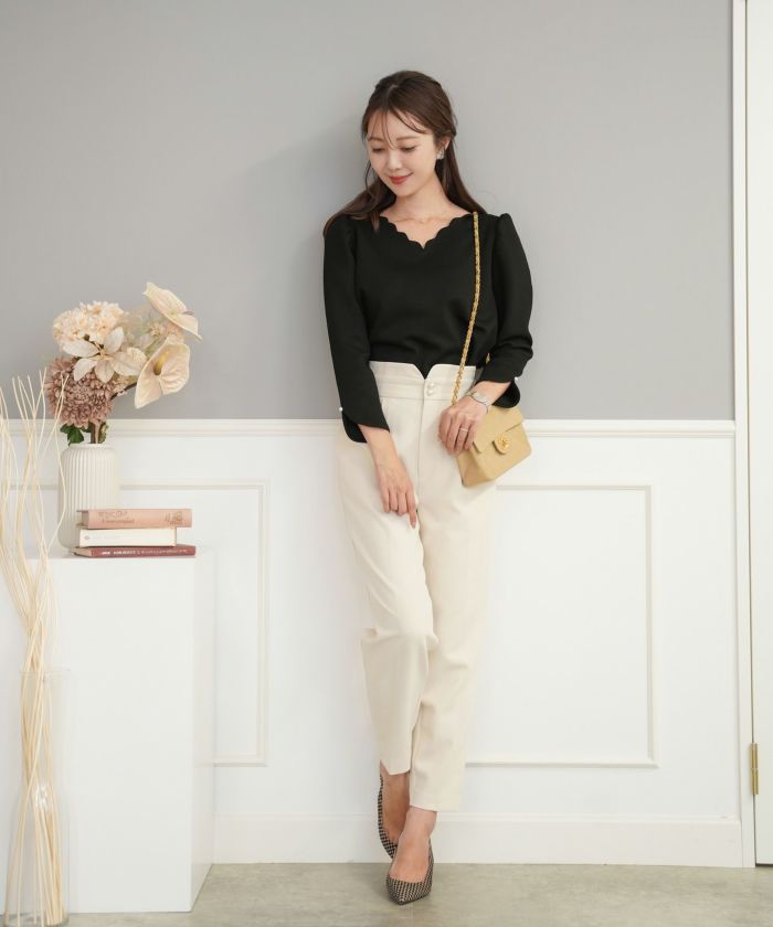 レディース/カットソー/トップス/Tシャツ/もっちり/8分袖/長袖/スカラップ/ギャザー/スリット/アイボリー/ブラック/ネイビー/カジュアル/エレガント/上品/オフィスカジュアル/オフィススタイル/新色/ピンク/くすみピンク/ピーチピンク/ピンクベージュ