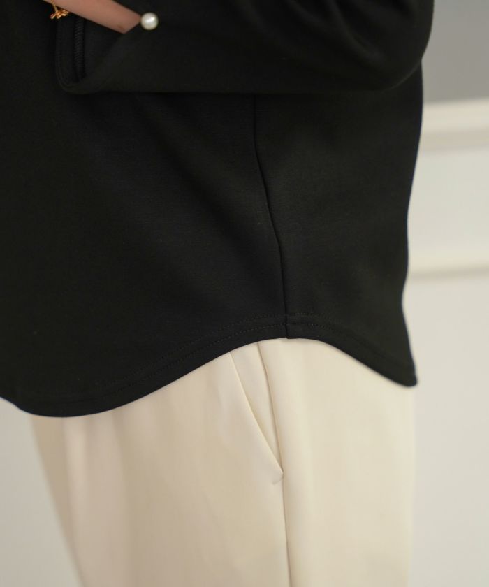 レディース/カットソー/トップス/Tシャツ/もっちり/8分袖/長袖/スカラップ/ギャザー/スリット/アイボリー/ブラック/ネイビー/カジュアル/エレガント/上品/オフィスカジュアル/オフィススタイル/新色/ピンク/くすみピンク/ピーチピンク/ピンクベージュ