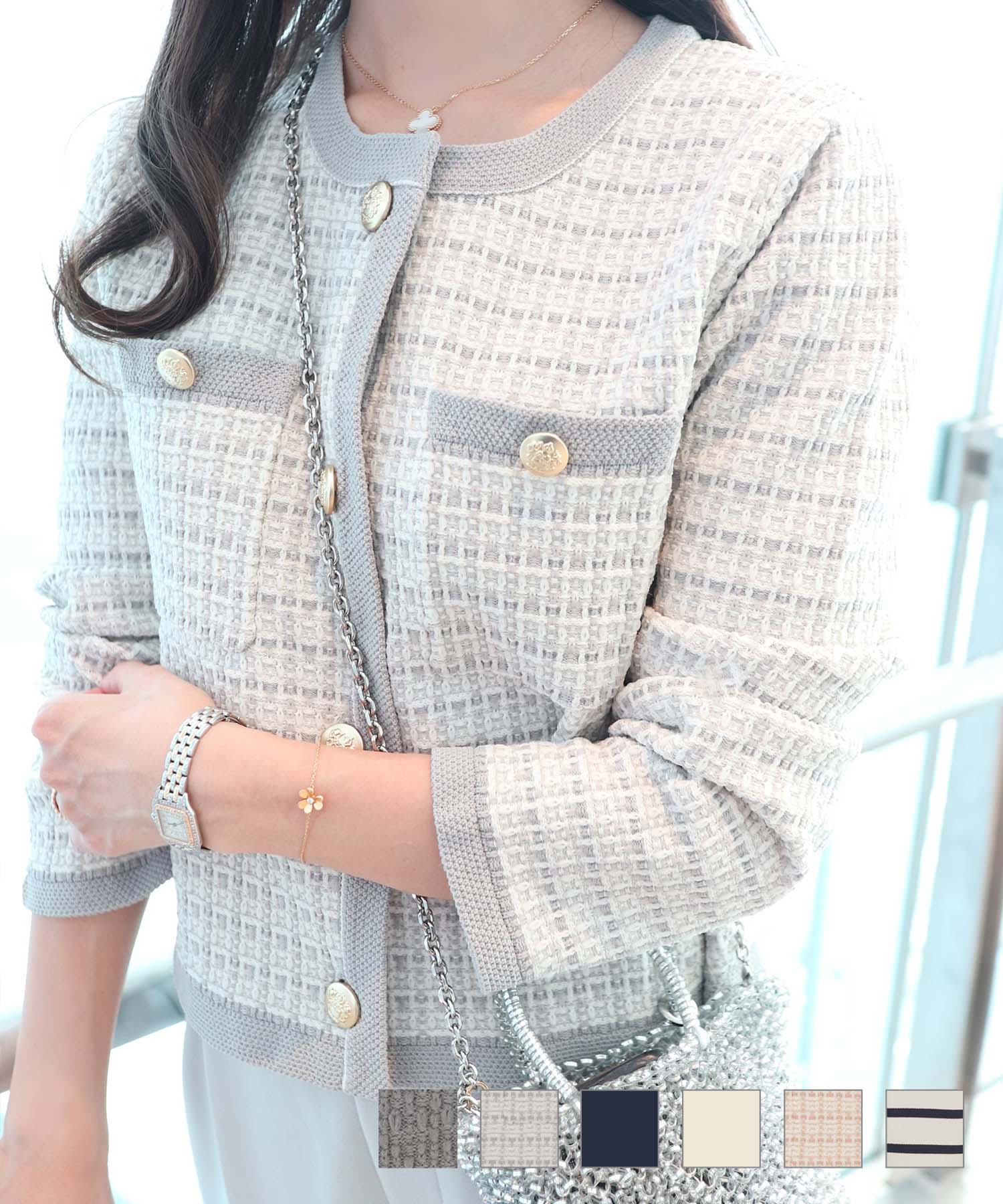 アソート柄ニットジャケットlerevevanillerライトグレー/ネイビー/アイボリー/ピンク/ネイビーボーダー