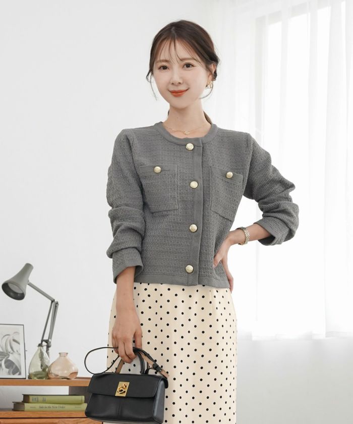 レディース/ニット/ジャケット/ノーカラー/クルーネック/セレモニー/入卒/授業参観/式/きれいめ/上品/シンプル/ストレッチ/オケージョン/入園/卒業/エレガント/アイボリー/ピンク/ボーダー/ネイビー/アソート柄/ツイード/新色/グレー/ライトグレー/無地/入卒園