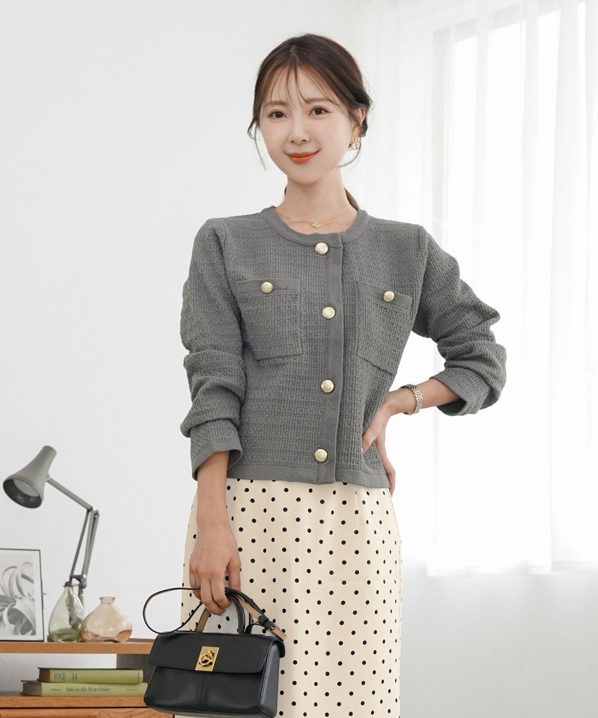 レディース/ニット/ジャケット/ノーカラー/クルーネック/セレモニー/入卒/授業参観/式/きれいめ/上品/シンプル/ストレッチ/オケージョン/入園/卒業/エレガント/アイボリー/ピンク/ボーダー/ネイビー/アソート柄/ツイード/新色/グレー/ライトグレー/無地/入卒園