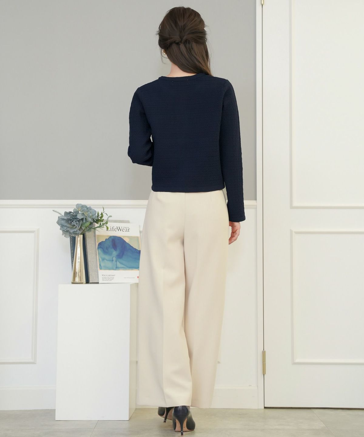 レディース/ニット/ジャケット/ノーカラー/クルーネック/セレモニー/入卒/授業参観/式/きれいめ/上品/シンプル/ストレッチ/オケージョン/入園/卒業/エレガント/アイボリー/ピンク/ボーダー/ネイビー/アソート柄/ツイード/新色/グレー/ライトグレー/無地/入卒園