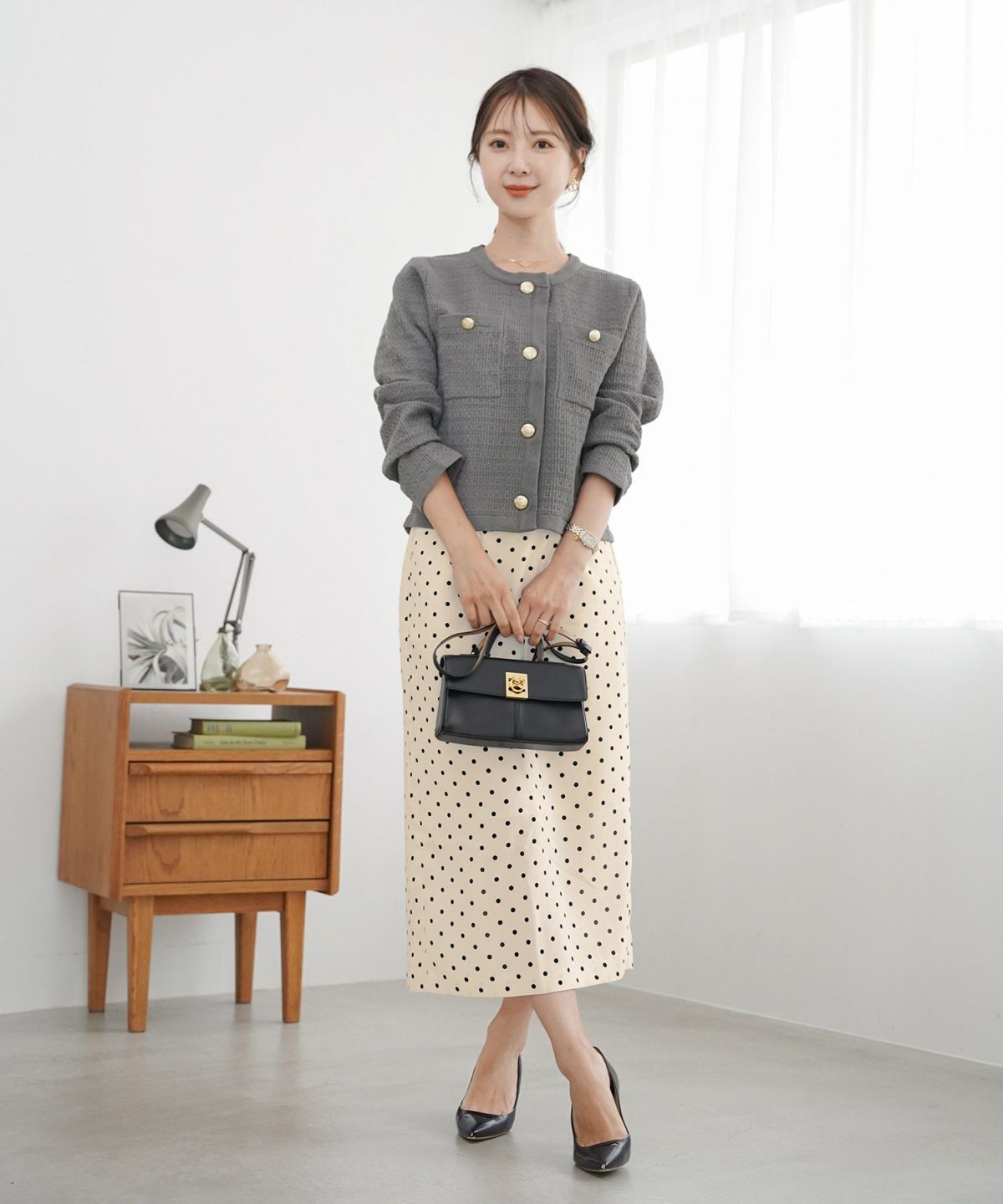 レディース/ニット/ジャケット/ノーカラー/クルーネック/セレモニー/入卒/授業参観/式/きれいめ/上品/シンプル/ストレッチ/オケージョン/入園/卒業/エレガント/アイボリー/ピンク/ボーダー/ネイビー/アソート柄/ツイード/新色/グレー/ライトグレー/無地/入卒園