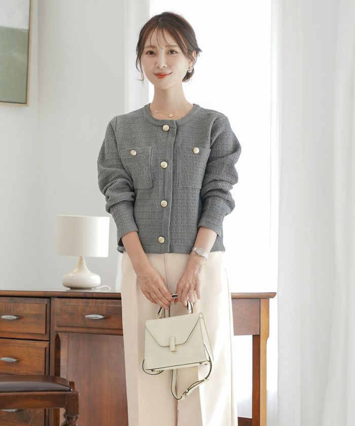 レディース/ニット/ジャケット/ノーカラー/クルーネック/セレモニー/入卒/授業参観/式/きれいめ/上品/シンプル/ストレッチ/オケージョン/入園/卒業/エレガント/アイボリー/ピンク/ボーダー/ネイビー/アソート柄/ツイード/新色/グレー/ライトグレー/無地/入卒園