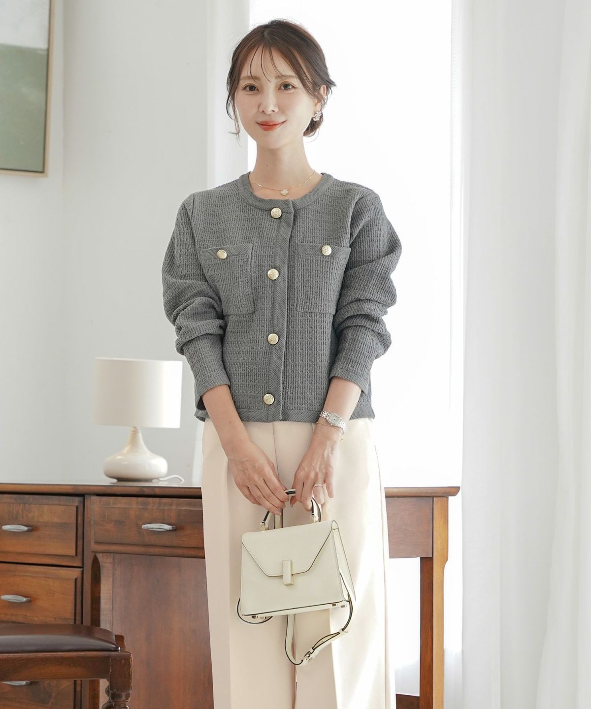 レディース/ニット/ジャケット/ノーカラー/クルーネック/セレモニー/入卒/授業参観/式/きれいめ/上品/シンプル/ストレッチ/オケージョン/入園/卒業/エレガント/アイボリー/ピンク/ボーダー/ネイビー/アソート柄/ツイード/新色/グレー/ライトグレー/無地/入卒園