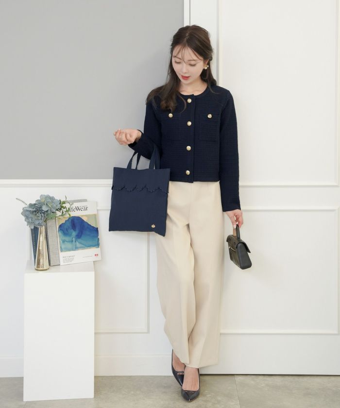 レディース/ニット/ジャケット/ノーカラー/クルーネック/セレモニー/入卒/授業参観/式/きれいめ/上品/シンプル/ストレッチ/オケージョン/入園/卒業/エレガント/アイボリー/ピンク/ボーダー/ネイビー/アソート柄/ツイード/新色/グレー/ライトグレー/無地/入卒園