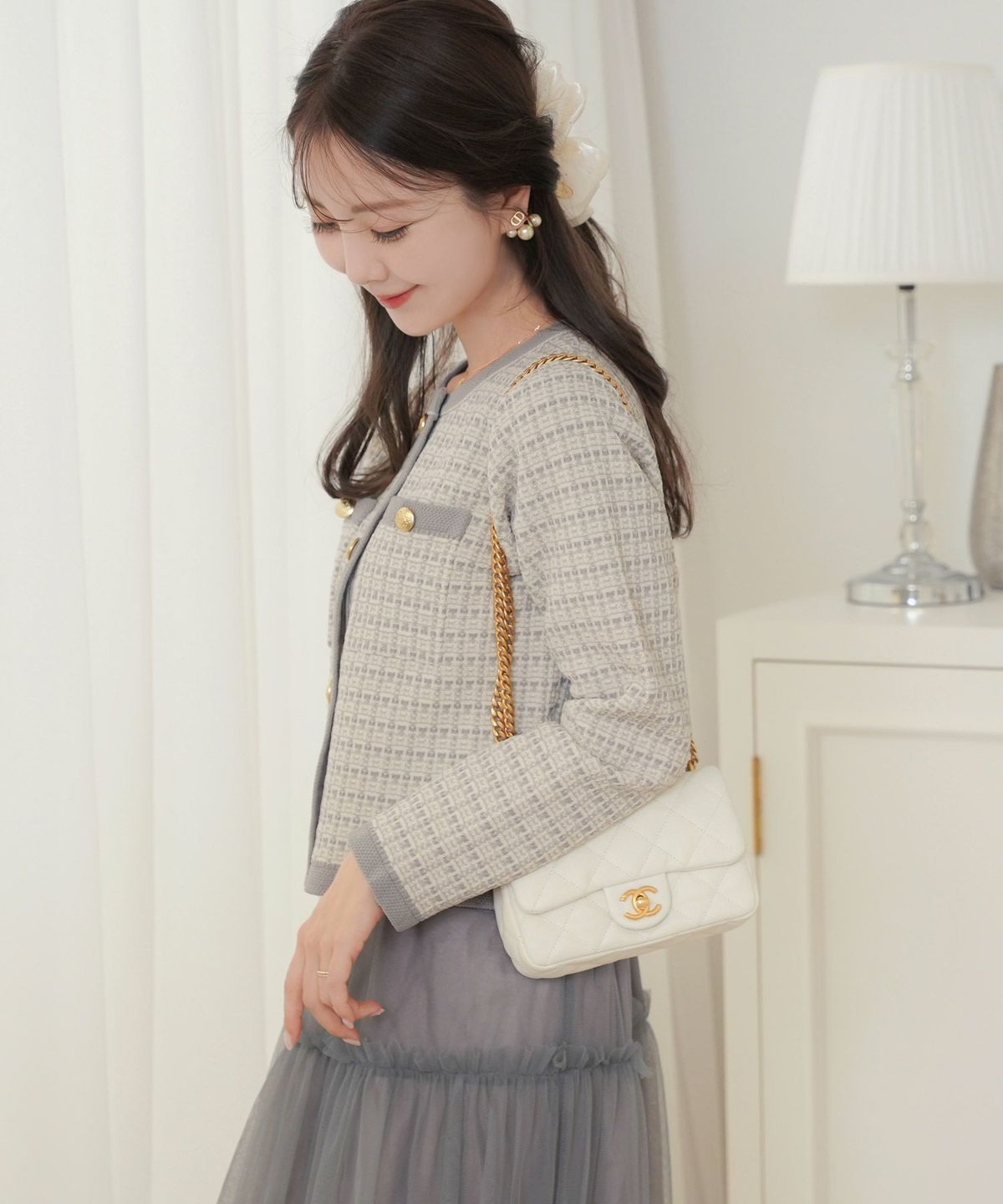 レディース/ニット/ジャケット/ノーカラー/クルーネック/セレモニー/入卒/授業参観/式/きれいめ/上品/シンプル/ストレッチ/オケージョン/入園/卒業/エレガント/アイボリー/ピンク/ボーダー/ネイビー/アソート柄/ツイード/新色/グレー/ライトグレー/無地/入卒園