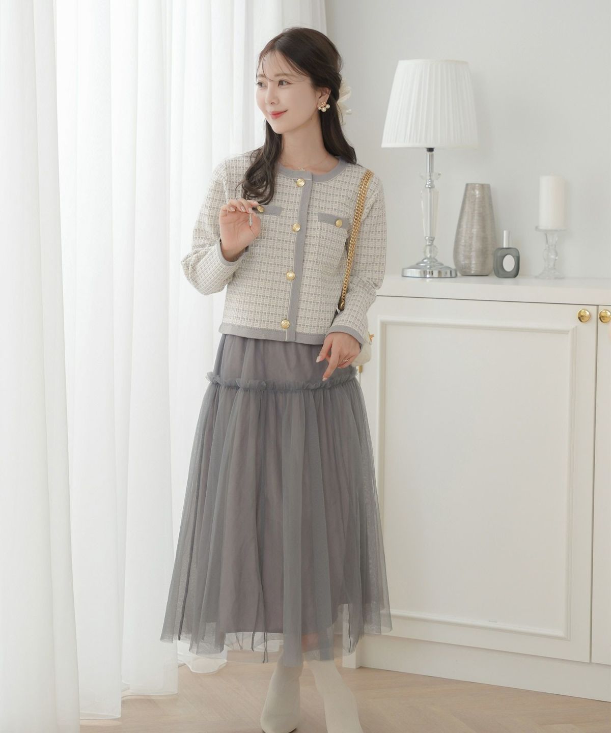 レディース/ニット/ジャケット/ノーカラー/クルーネック/セレモニー/入卒/授業参観/式/きれいめ/上品/シンプル/ストレッチ/オケージョン/入園/卒業/エレガント/アイボリー/ピンク/ボーダー/ネイビー/アソート柄/ツイード/新色/グレー/ライトグレー/無地/入卒園