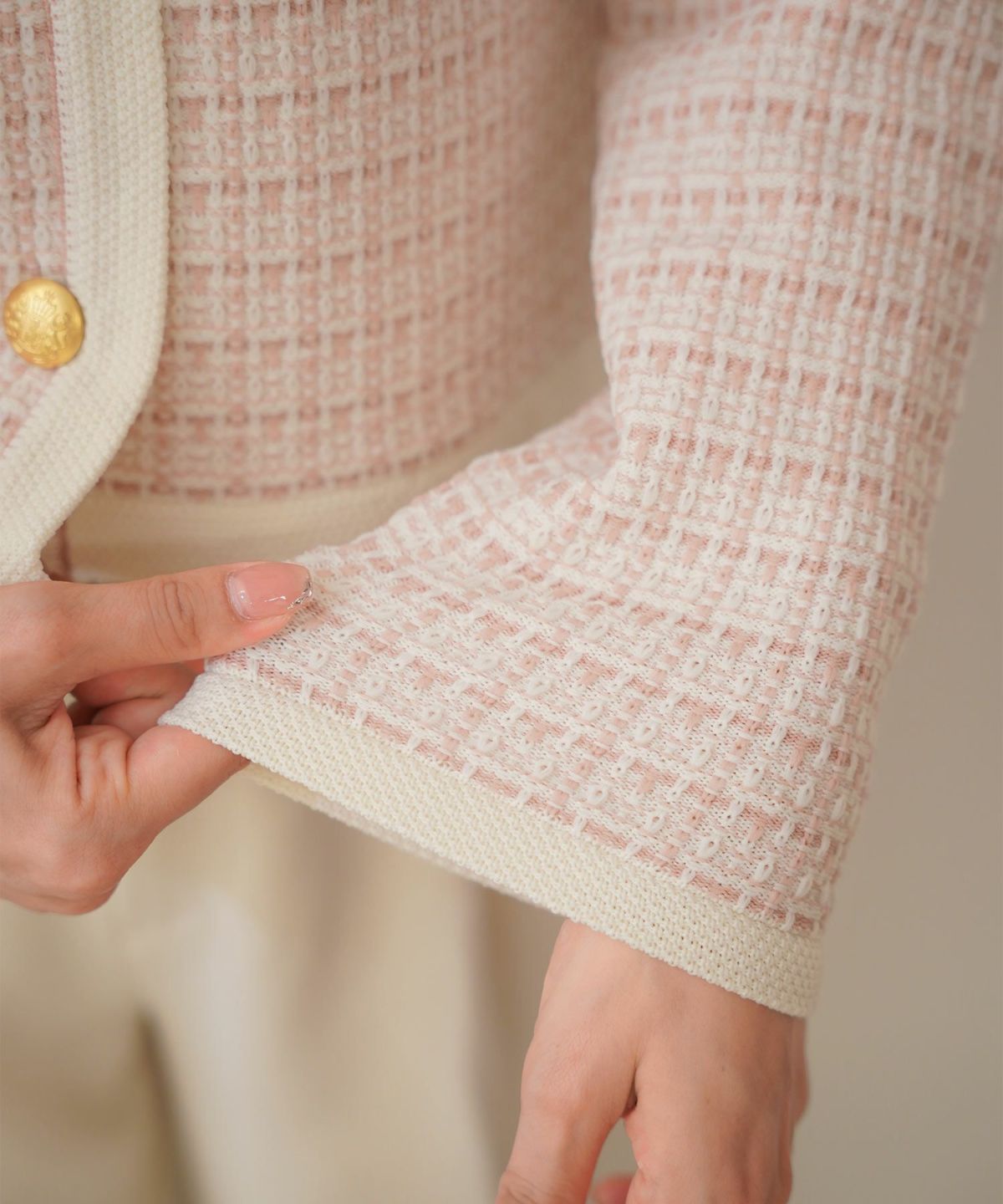 レディース/ニット/ジャケット/ノーカラー/クルーネック/セレモニー/入卒/授業参観/式/きれいめ/上品/シンプル/ストレッチ/オケージョン/入園/卒業/エレガント/アイボリー/ピンク/ボーダー/ネイビー/アソート柄/ツイード/新色/グレー/ライトグレー/無地/入卒園