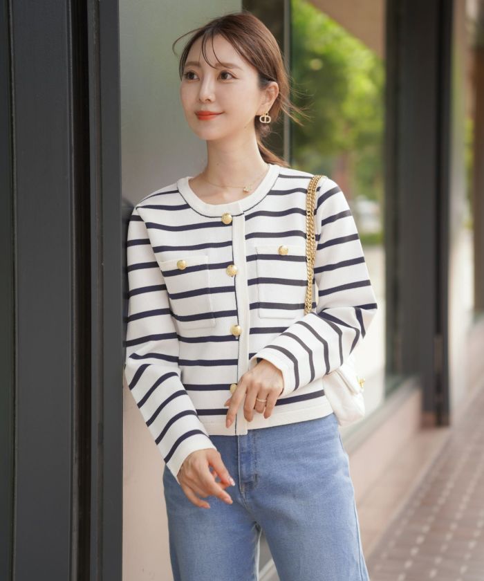 レディース/ニット/ジャケット/ノーカラー/クルーネック/セレモニー/入卒/授業参観/式/きれいめ/上品/シンプル/ストレッチ/オケージョン/入園/卒業/エレガント/アイボリー/ピンク/ボーダー/ネイビー/アソート柄/ツイード/新色/グレー/ライトグレー/無地/入卒園