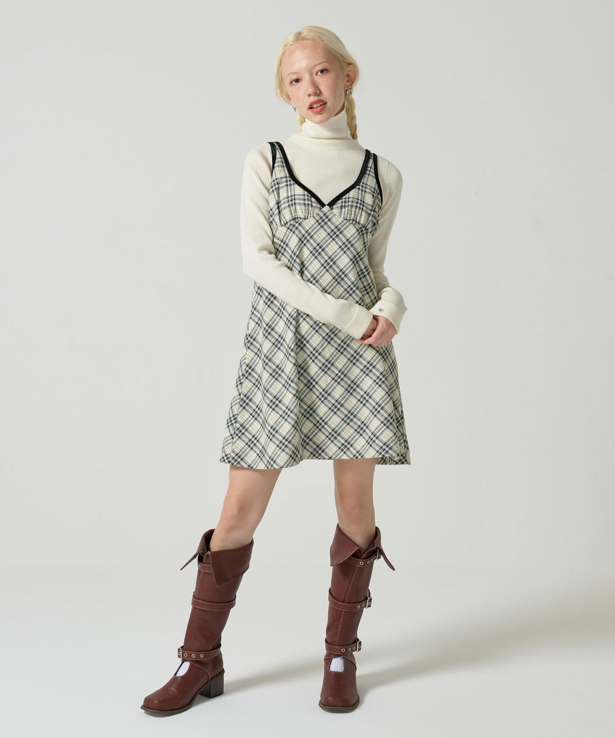 ワンピース/チェック/パイピング/ベロア