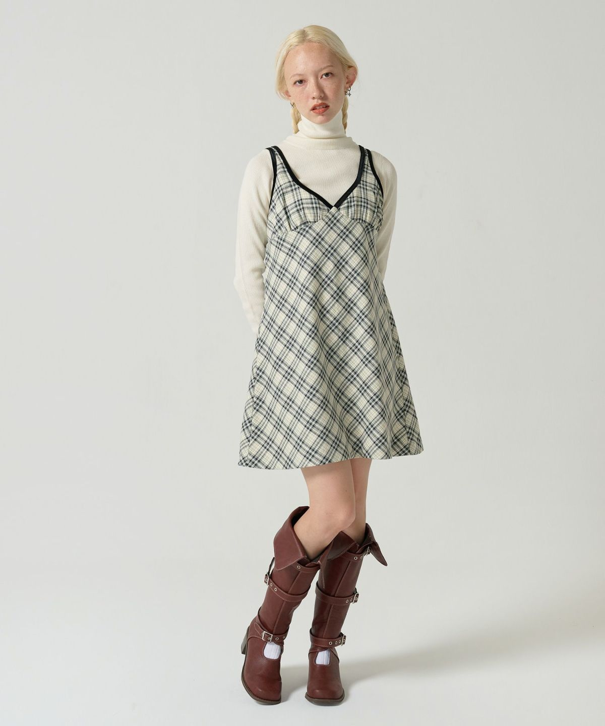 ワンピース/チェック/パイピング/ベロア