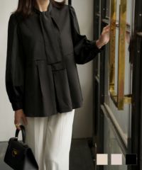 ボウタイ ウエスト切り替え ブラウス HUIT アイボリー/ピンクベージュ/ブラック