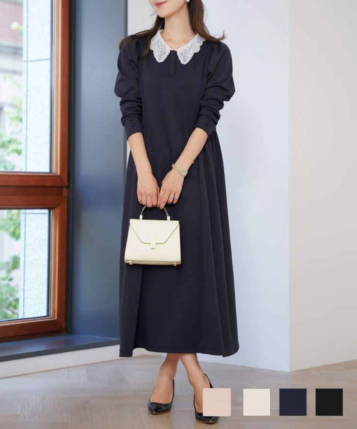 レース襟リラックスワンピースlerevevanillerピンクベージュ/チャコール/アイボリー/ブラウン/ネイビー/ブラック