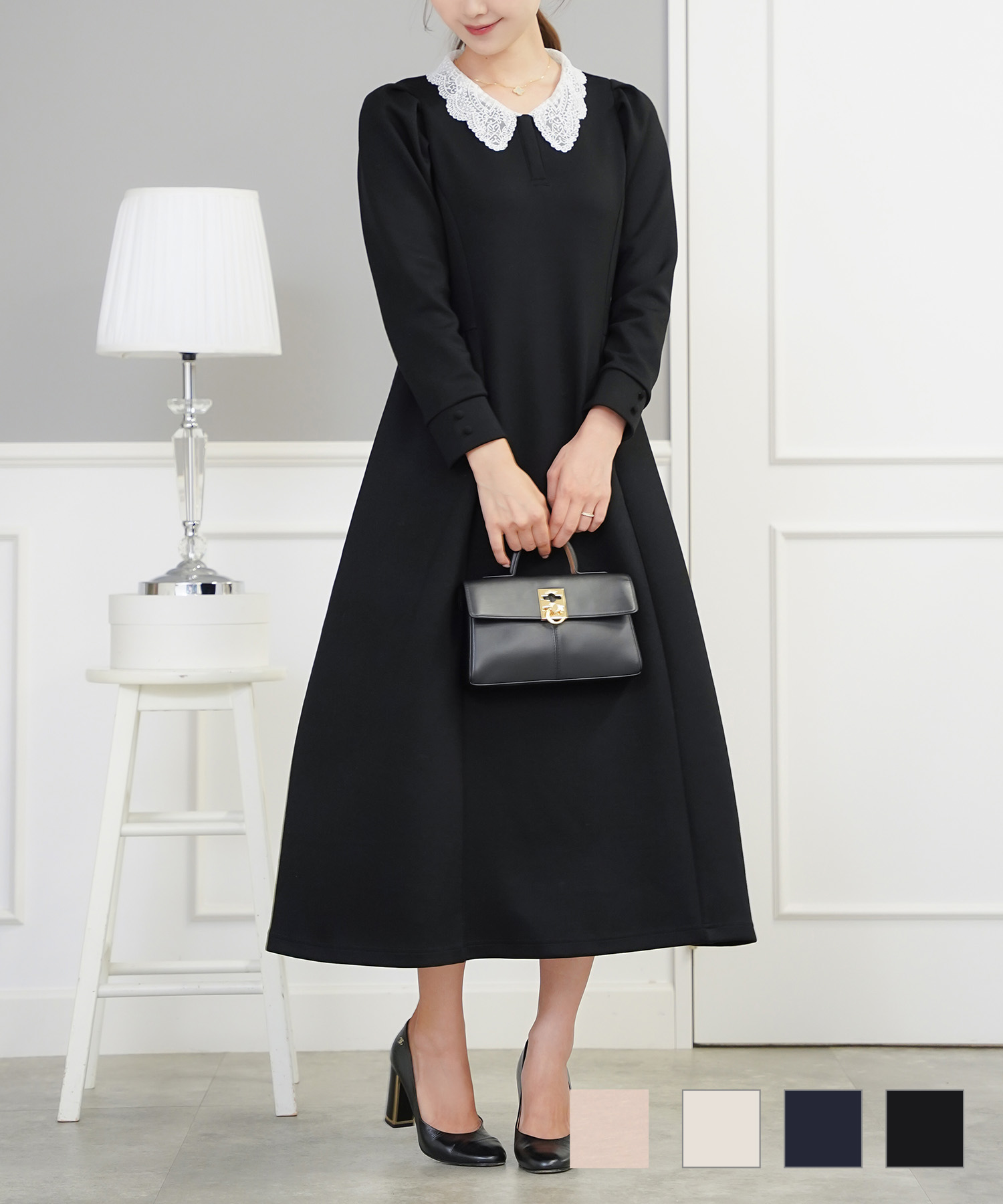 レース襟リラックスワンピースlerevevanillerピンクベージュ/チャコール/アイボリー/ブラウン/ネイビー/ブラック