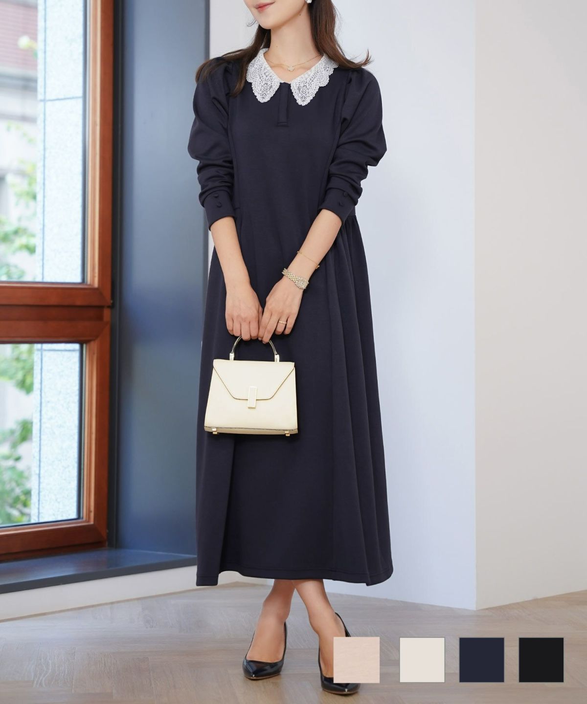 レース襟リラックスワンピースlerevevanillerピンクベージュ/チャコール/アイボリー/ブラウン/ネイビー/ブラック