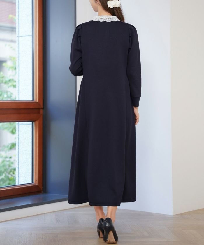 レディース/カットワンピース/カットソー/厚手/あったか/もっちり/柔らか/伸縮性/マタニティ/レース/シャツ襟/きれいめ/カジュアル/リラックス/ワンマイル/ロング/ミモレ丈/長袖/フレア/アイボリー/ブラウン/ネイビー/ブラック/オケージョン/新色/ピンクベージュ/チャコール