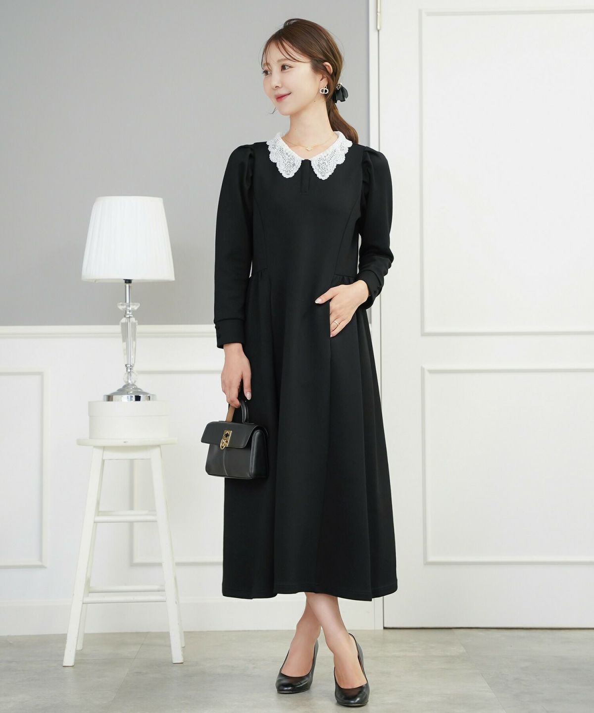 レディース/カットワンピース/カットソー/厚手/あったか/もっちり/柔らか/伸縮性/マタニティ/レース/シャツ襟/きれいめ/カジュアル/リラックス/ワンマイル/ロング/ミモレ丈/長袖/フレア/アイボリー/ブラウン/ネイビー/ブラック/オケージョン/新色/ピンクベージュ/チャコール