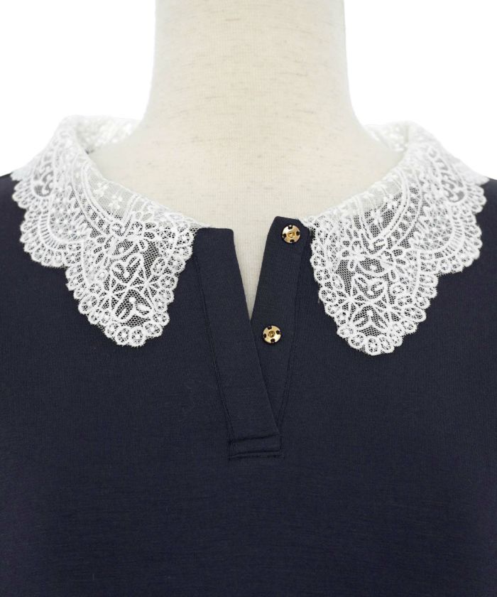 レディース/カットワンピース/カットソー/厚手/あったか/もっちり/柔らか/伸縮性/マタニティ/レース/シャツ襟/きれいめ/カジュアル/リラックス/ワンマイル/ロング/ミモレ丈/長袖/フレア/アイボリー/ブラウン/ネイビー/ブラック/オケージョン/新色/ピンクベージュ/チャコール