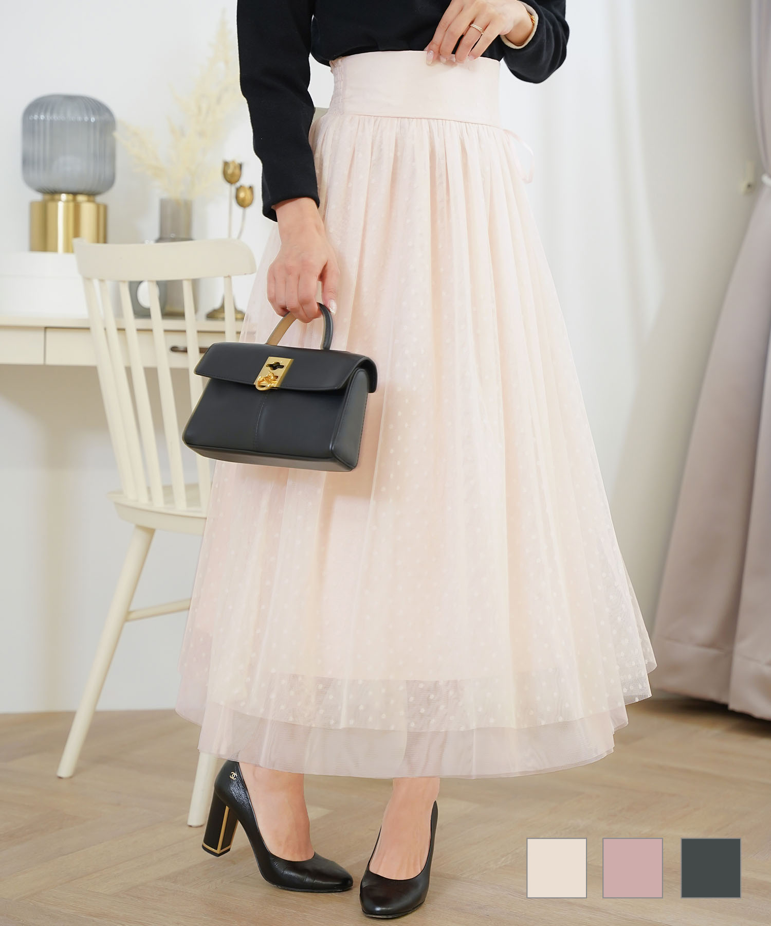 リボン付きハイウエストドットチュールスカートlerevevanillerアイボリー/ピンク/チャコール