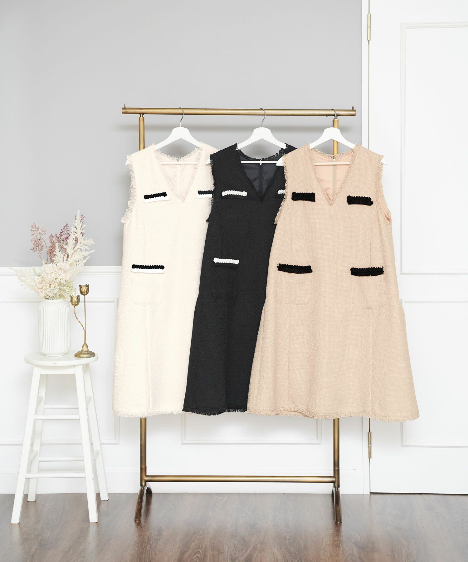 ワンピース レディース ファッション 服 きれいめ オフィス かわいい ノースリーブ 白黒 秋冬春 ジョイントスペース