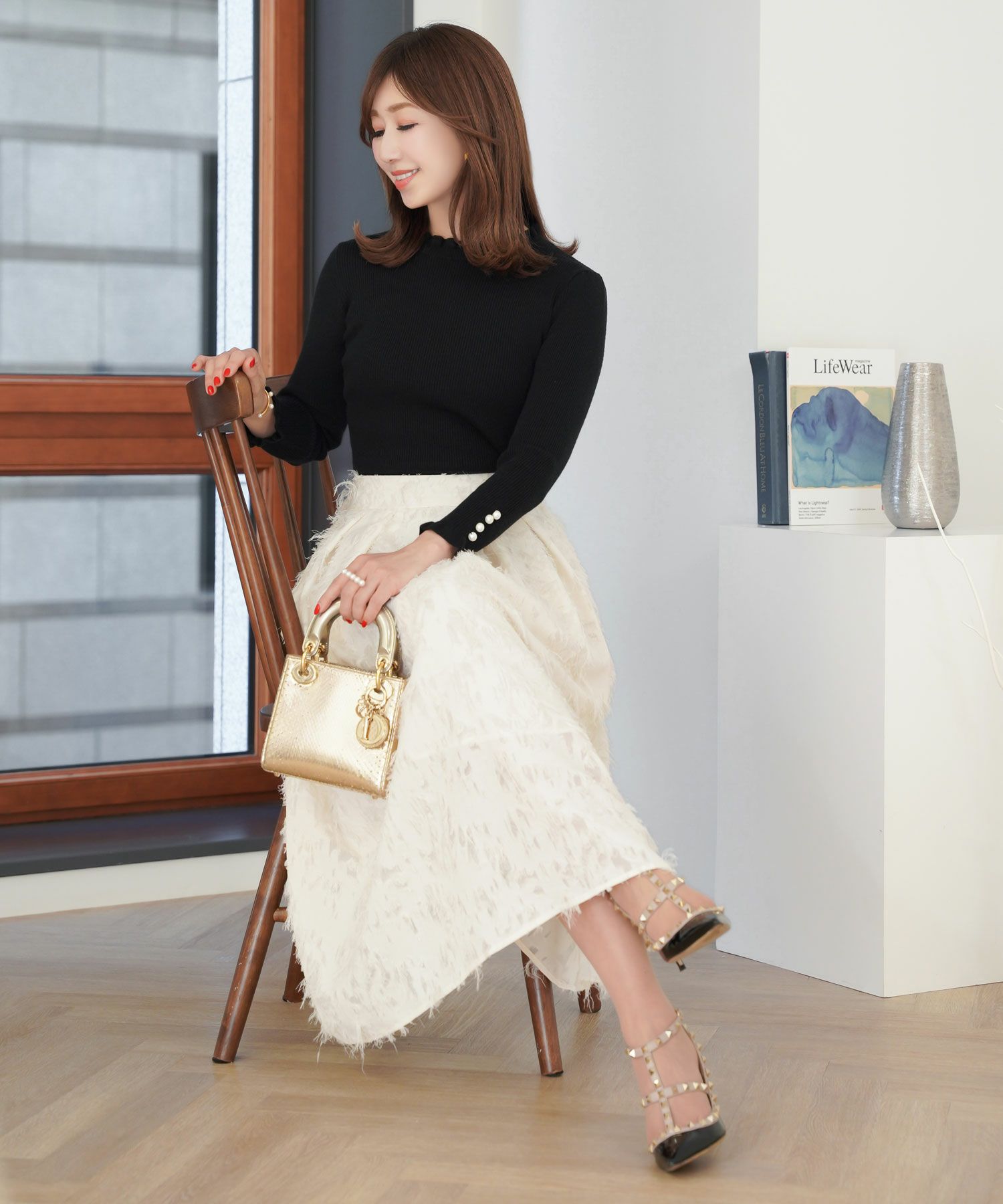 ニットトップスレディースファッションハイネックセーターオフィスかわいい白黒秋冬春ジョイントスペース