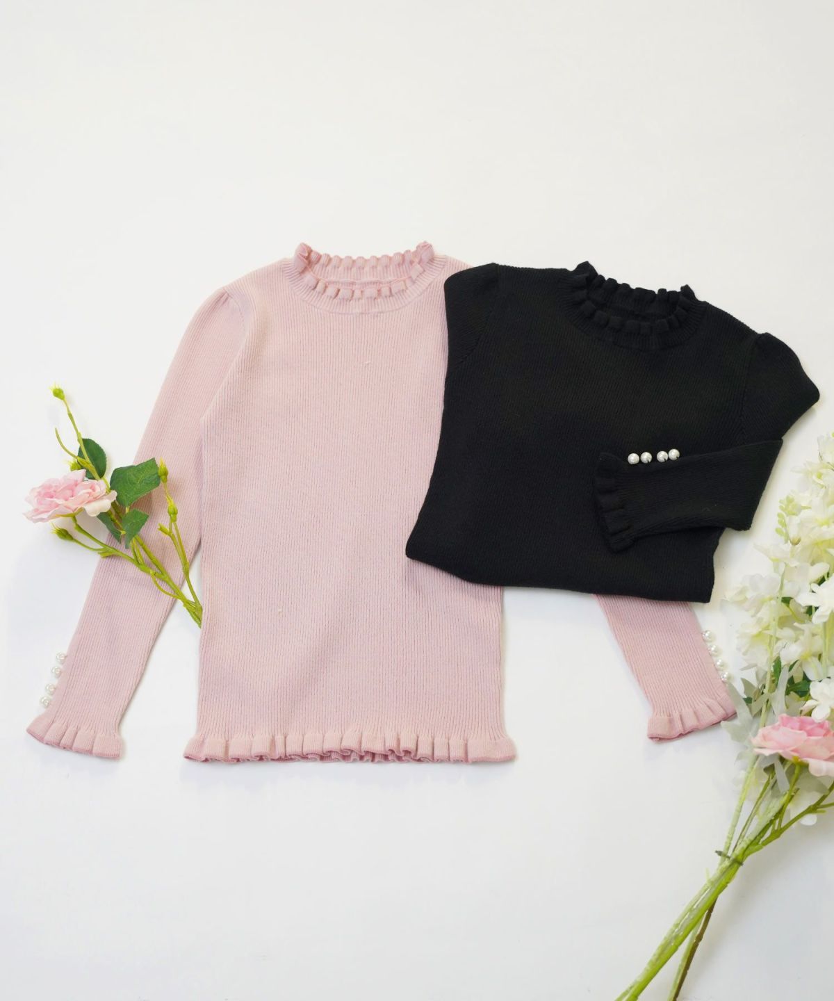 ニットトップスレディースファッションハイネックセーターオフィスかわいい白黒秋冬春ジョイントスペース