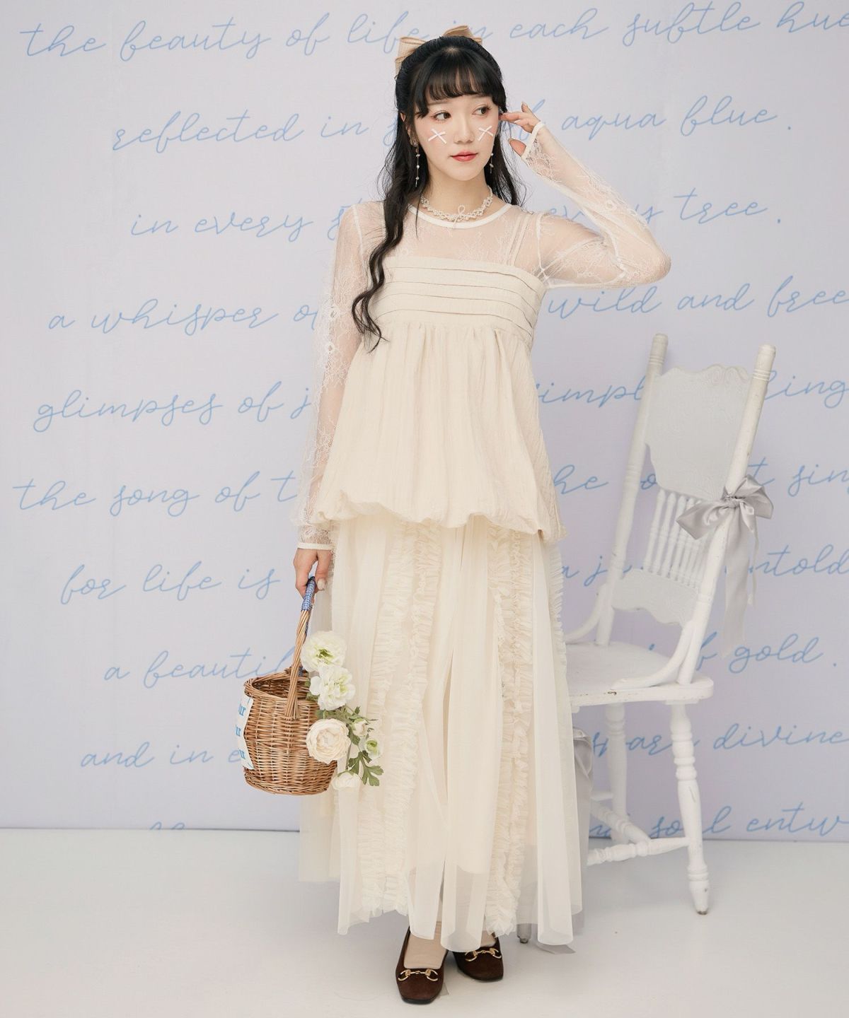 ウエストゴム シースルー セット ロング丈 /アイボリー/グレー/M