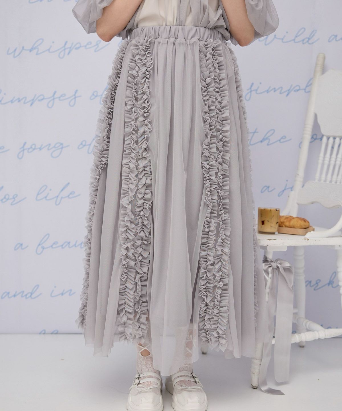 ウエストゴム シースルー セット ロング丈 /アイボリー/グレー/M